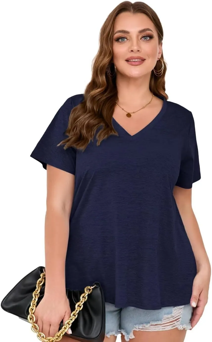 MONNURO Womens Plus Size Tops V-Neck Short Sleeve T Shirt Casual Loose Side Split Blouses