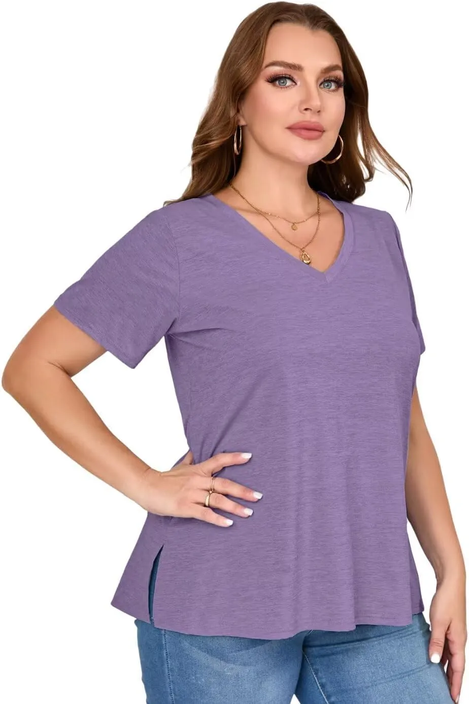 MONNURO Womens Plus Size Tops V-Neck Short Sleeve T Shirt Casual Loose Side Split Blouses