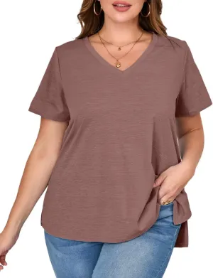 MONNURO Womens Plus Size Tops V-Neck Short Sleeve T Shirt Casual Loose Side Split Blouses