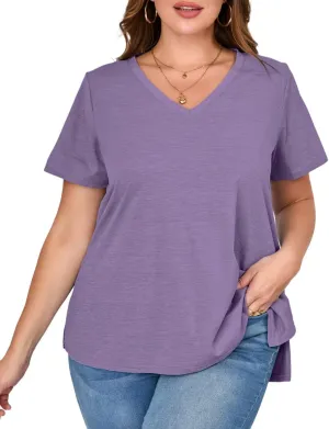 MONNURO Womens Plus Size Tops V-Neck Short Sleeve T Shirt Casual Loose Side Split Blouses