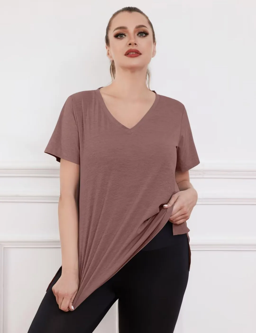 MONNURO Womens Plus Size Tops V-Neck Short Sleeve T Shirt Casual Loose Side Split Blouses