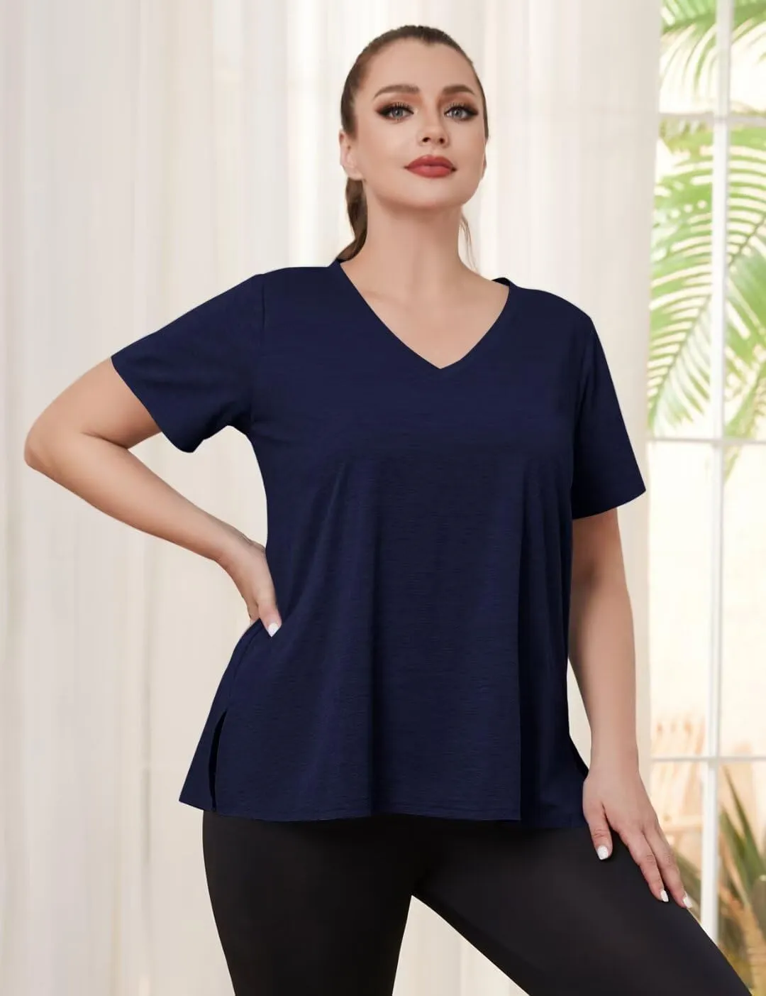 MONNURO Womens Plus Size Tops V-Neck Short Sleeve T Shirt Casual Loose Side Split Blouses