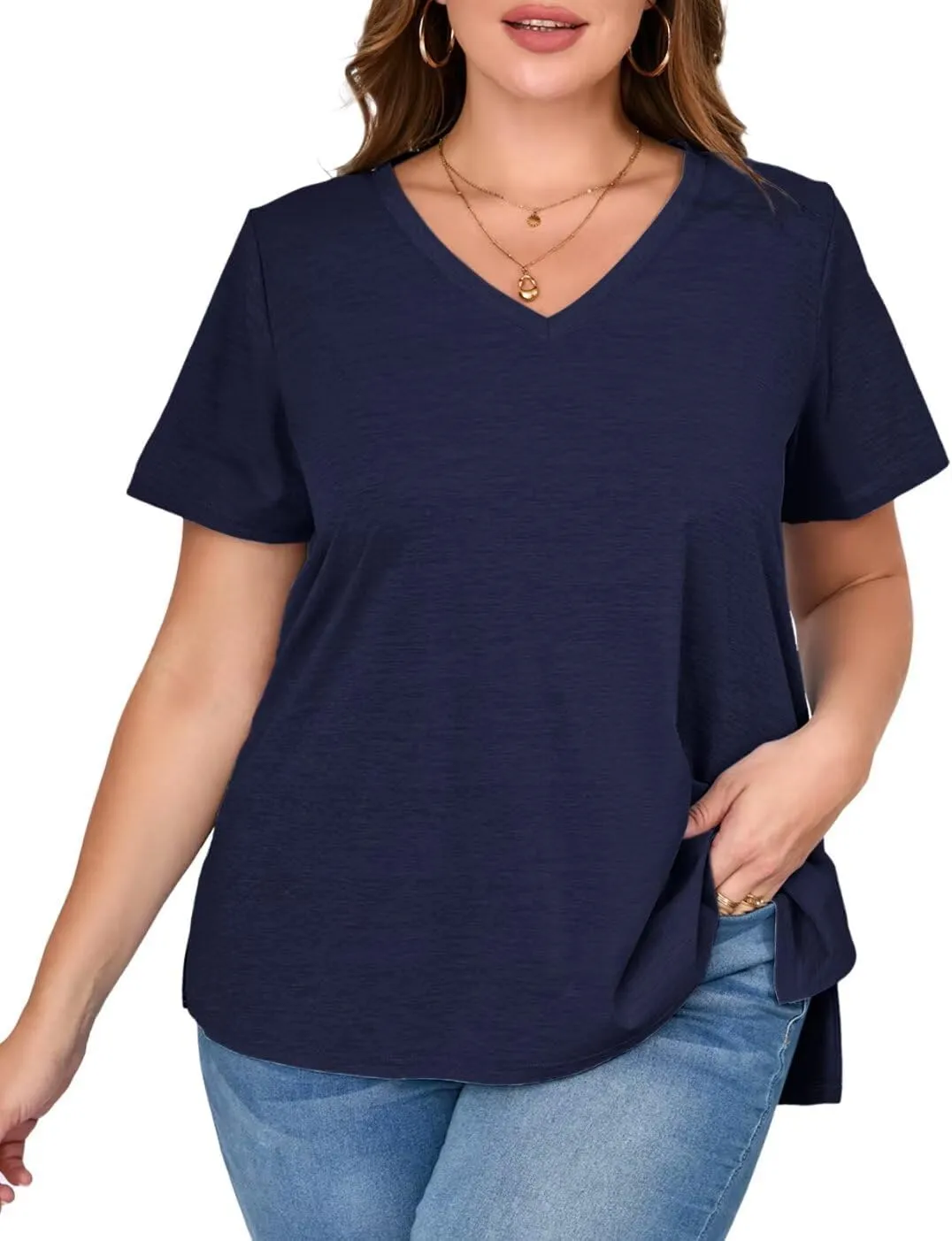 MONNURO Womens Plus Size Tops V-Neck Short Sleeve T Shirt Casual Loose Side Split Blouses
