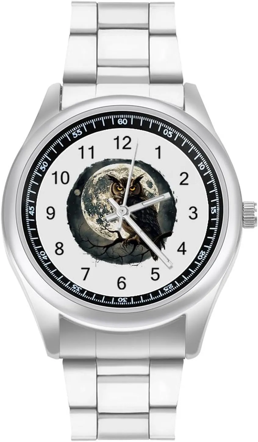 Moon Owl Birds Watches Stainless Steel Band Wristwatch Business Dress Watch for Work Home