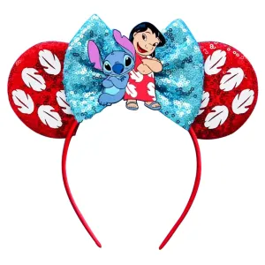 Mouse Ear Headbands for Women Lilo & Stitch Giltter Bow Headband for Girls and Adult Birthday Party Decorations