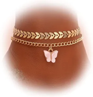 Multilayer Butterfly Anklet Bracelet Set Layered Dot Leaf Cuff Anklets Gold Beach Foot Jewelry for women Beach Anklet Chain with Butterfly