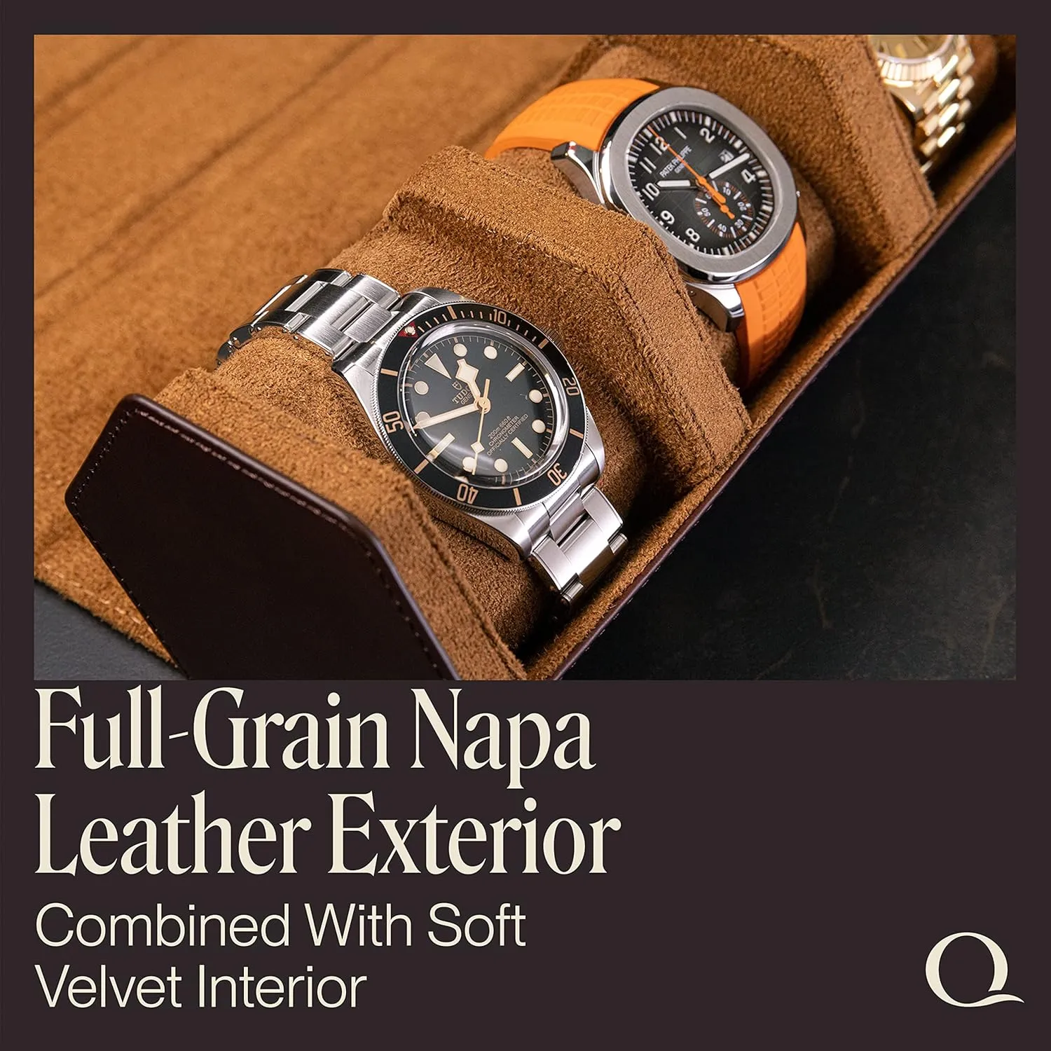 Napa Leather Watch Rolls for Men - Hexagon Triple Watch Roll Travel Case for 3 Watches - Storage Organizer Genuine Leather with Velvet Interior Display (Brown/Tan)