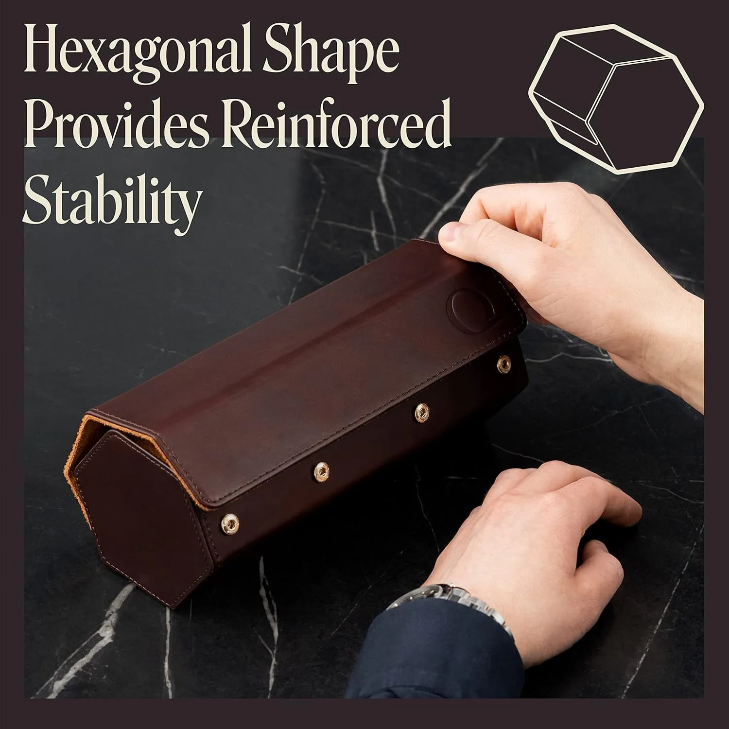 Napa Leather Watch Rolls for Men - Hexagon Triple Watch Roll Travel Case for 3 Watches - Storage Organizer Genuine Leather with Velvet Interior Display (Brown/Tan)