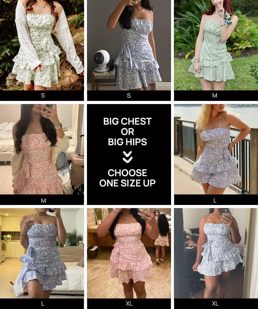 Narecte Summer Dresses for Women,Tie Backless Mini Dress,Halter Dress,Floral Print Short Dresses,Ruffle Trim Casual Dresses