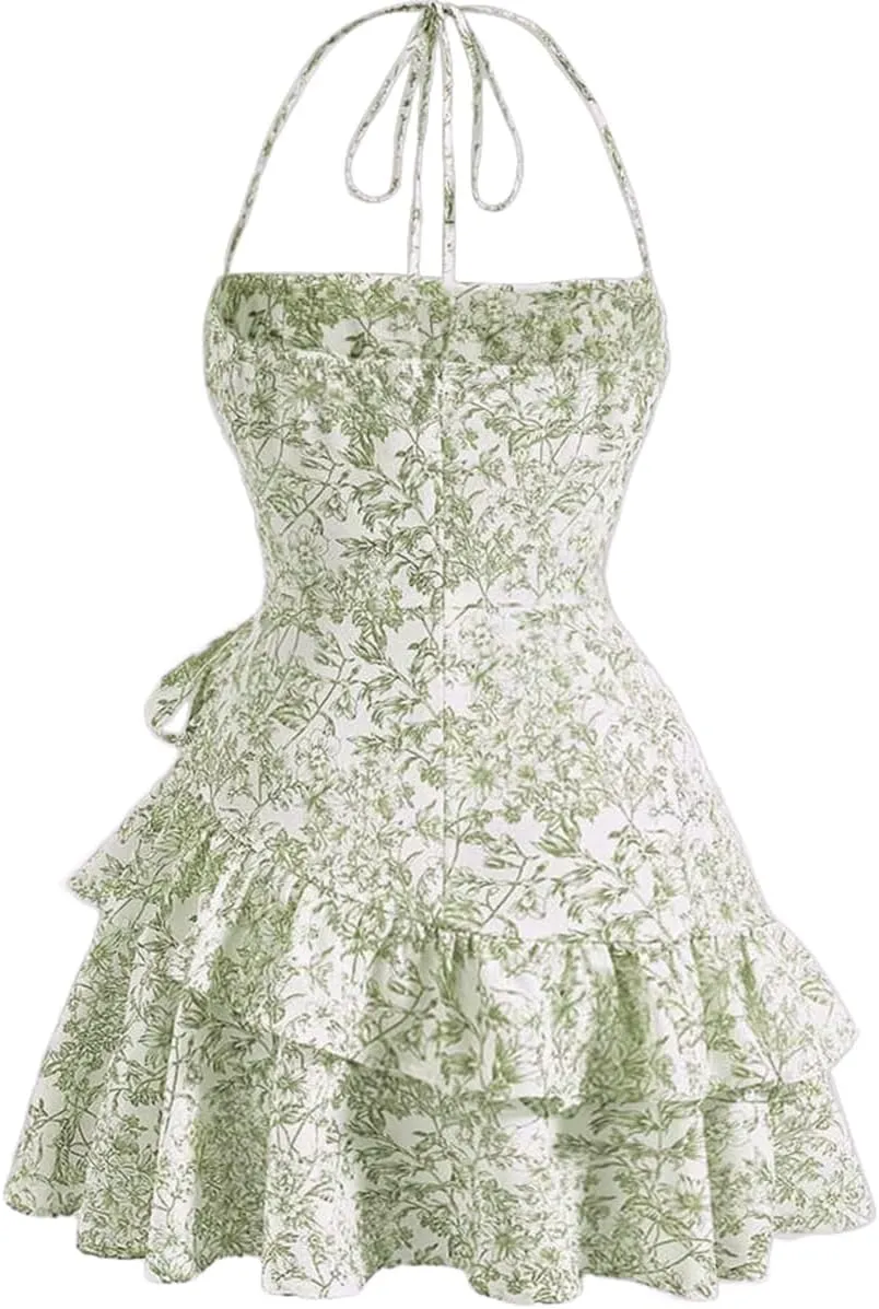 Narecte Summer Dresses for Women,Tie Backless Mini Dress,Halter Dress,Floral Print Short Dresses,Ruffle Trim Casual Dresses