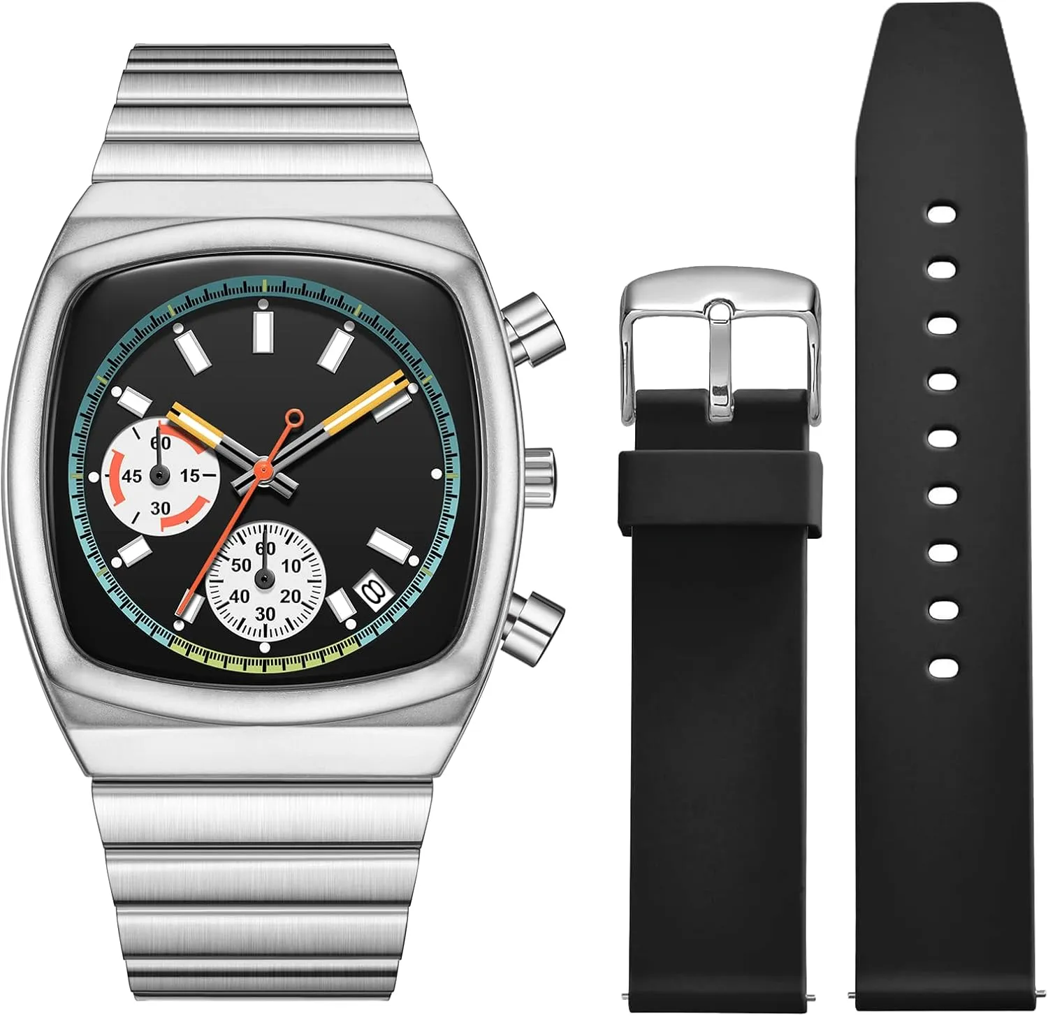 NASIR Watch for Men Chronograph Waterproof Luminous Designer Mens Stainless Steel Strap Watches Business Sport Casual Dress Watch with Calendar Elegant Gifts for Men(Silicone Strap Included)