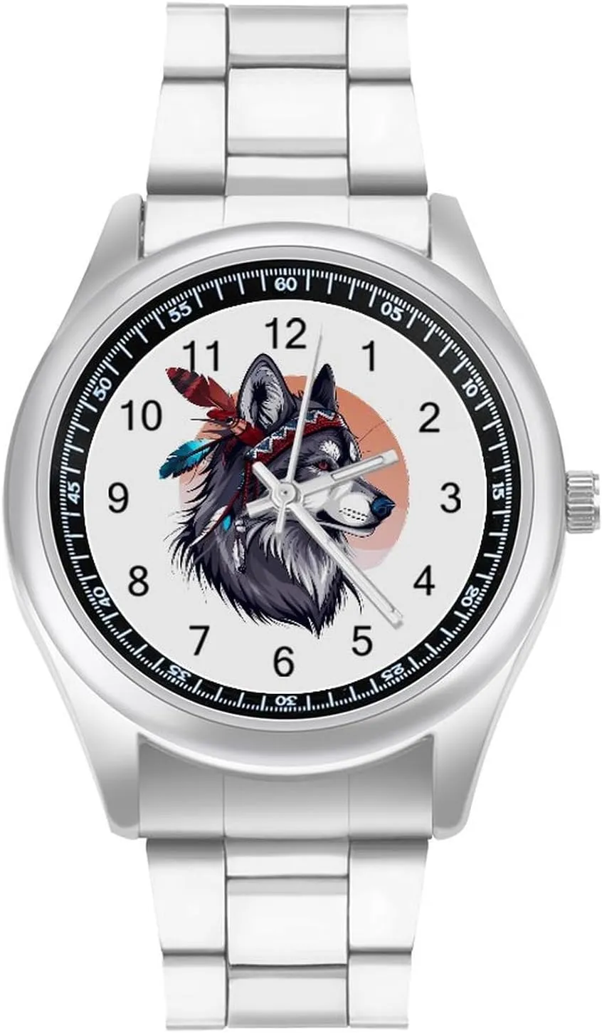 Native American Wolf Feather Watches Stainless Steel Band Wristwatch Business Dress Watch for Work Home