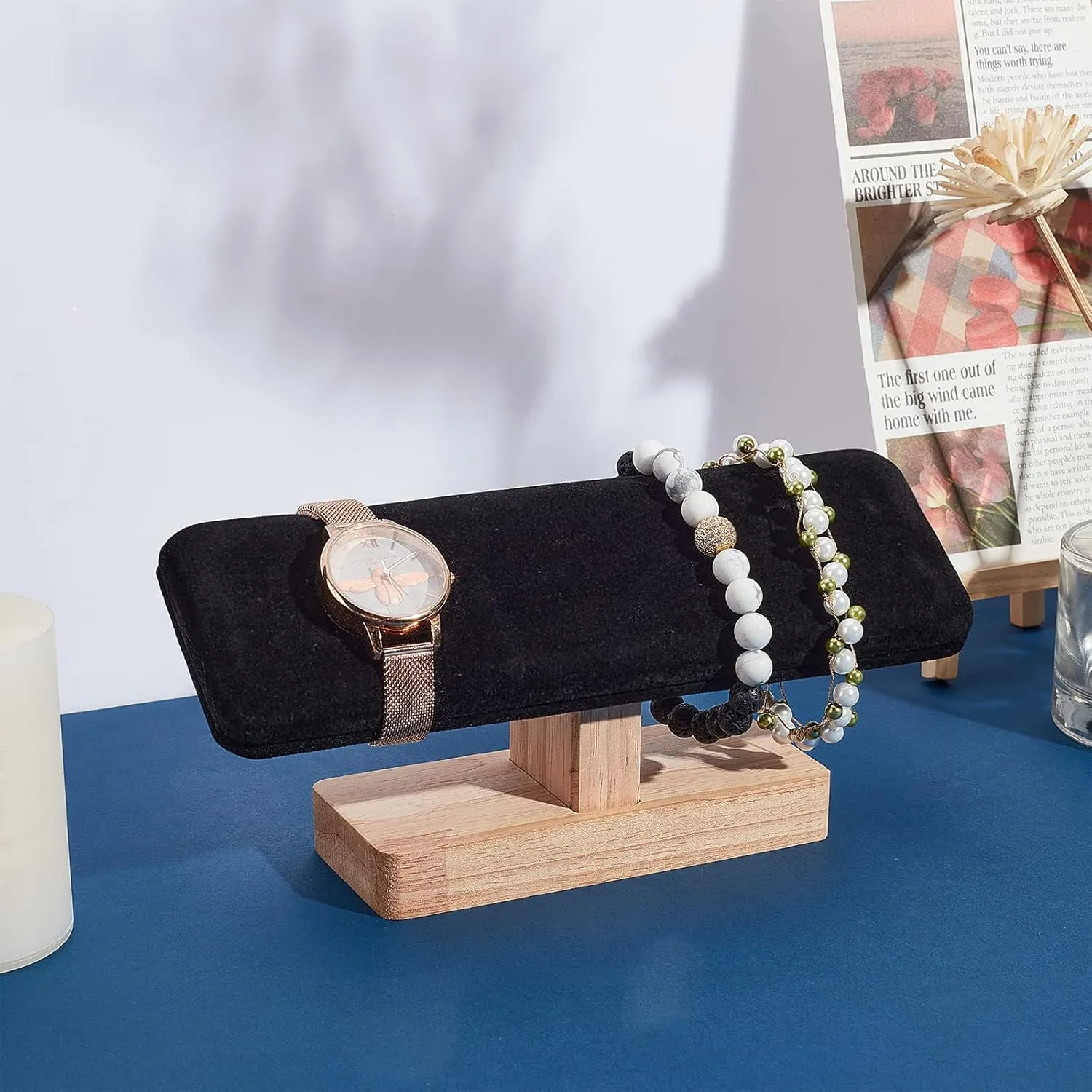 NBEADS Wooden Watch Display Stand, Black Velvet T-Bar Bracelet Holder Jewelry Organizer Stand Removable Bangle Pendants Anklet Tower Rack for Home Use, Retail Display Selling, 7.6x1.9x3.5