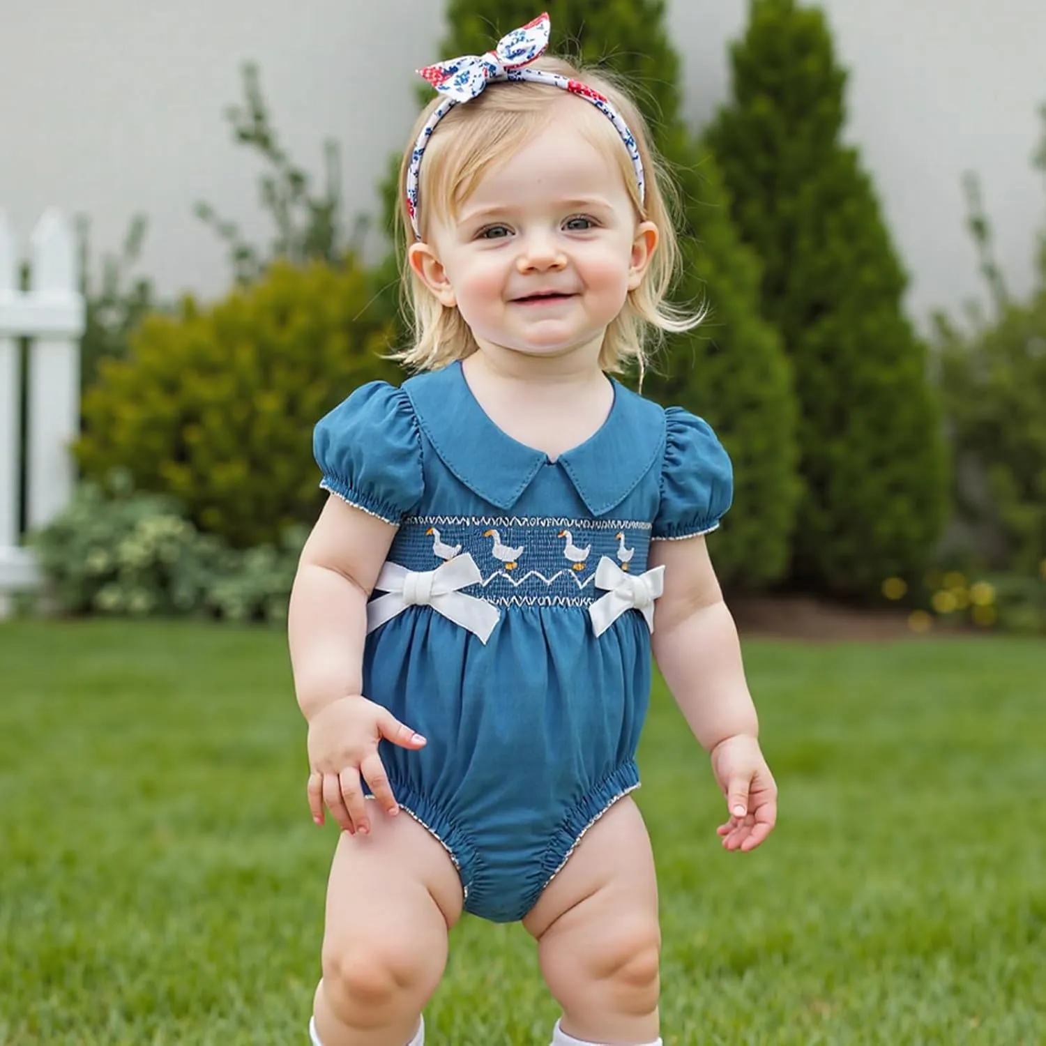 Newborn Baby Girl Romper Farm Outfit Goose Embroidery Short Sleeve Onesie Smocked Jumpsuit Country Summer Clothes