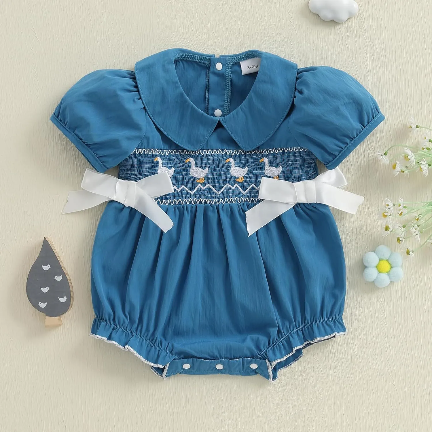 Newborn Baby Girl Romper Farm Outfit Goose Embroidery Short Sleeve Onesie Smocked Jumpsuit Country Summer Clothes