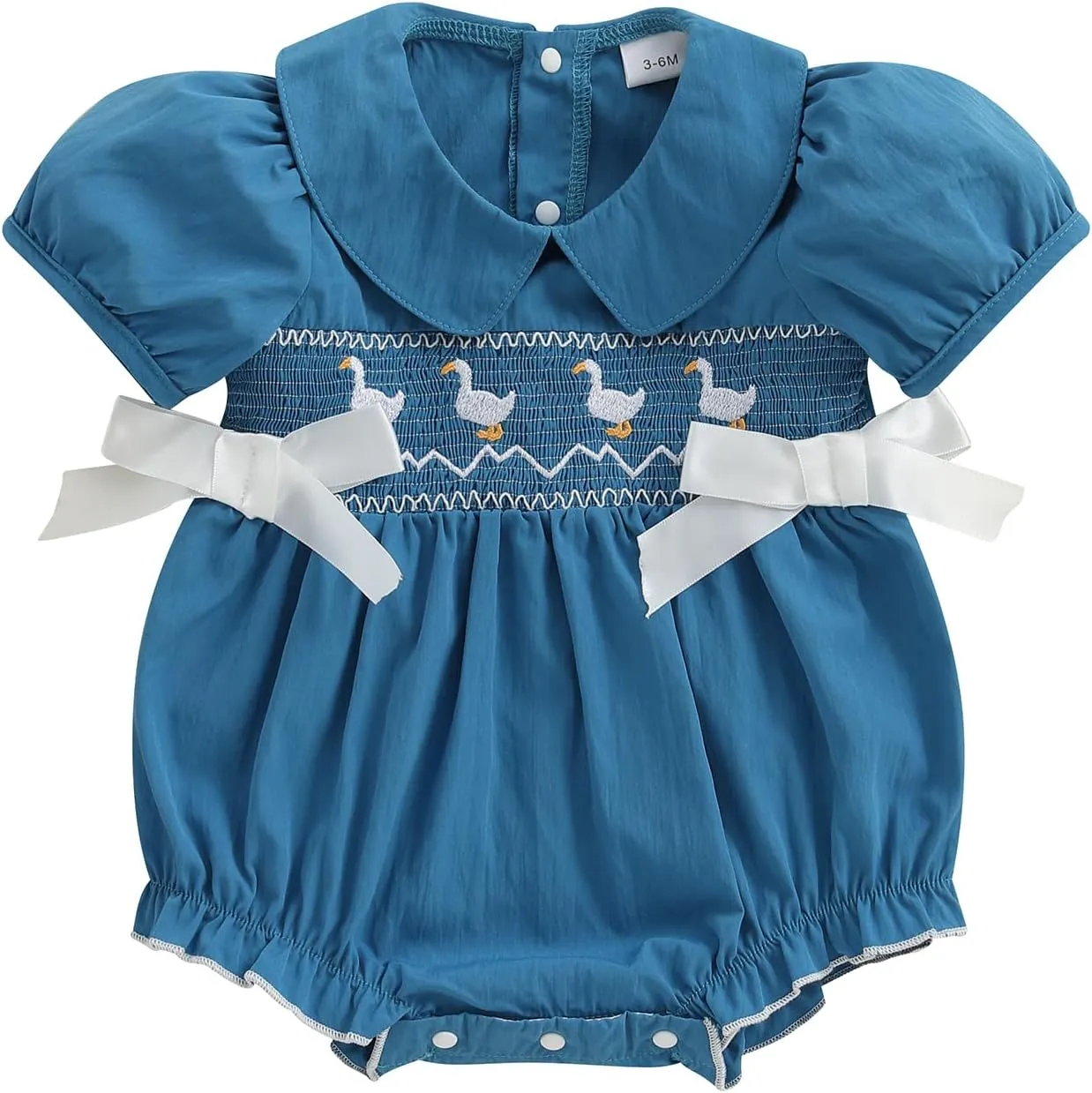 Newborn Baby Girl Romper Farm Outfit Goose Embroidery Short Sleeve Onesie Smocked Jumpsuit Country Summer Clothes