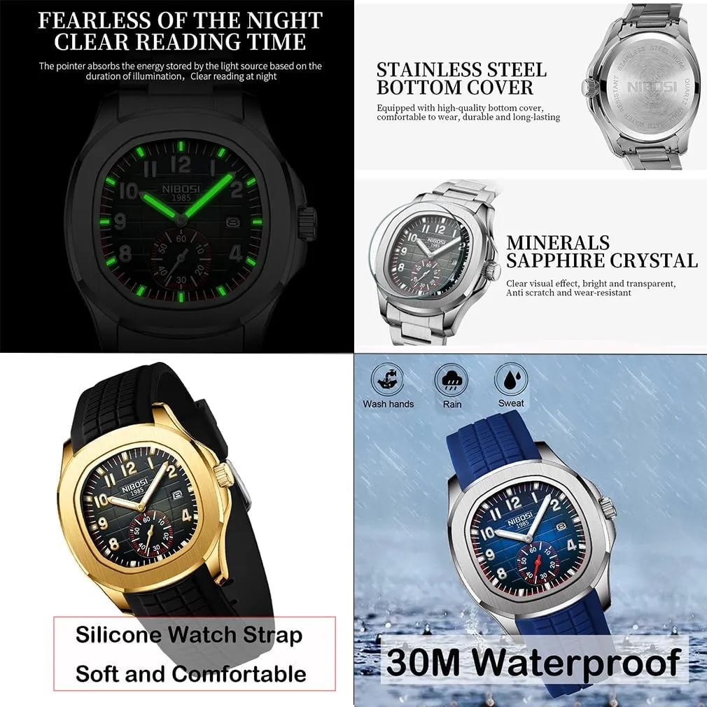 NIBOSI Watch for Men Square Fashion Easy Read Waterproof Business Stainless Luxury Analog Simple Dress Dad Father Gifts Gold Black Wrist Watches