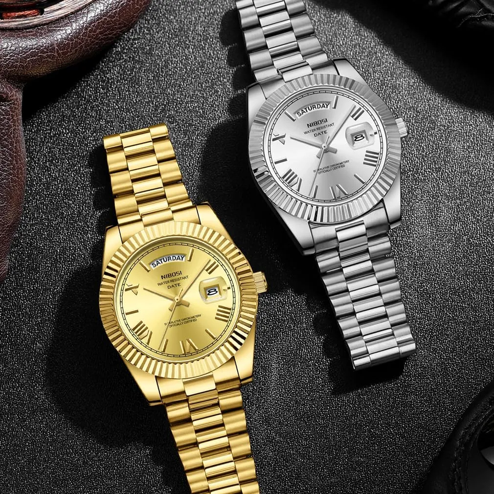 NIBOSI Watches for Men Fashion Waterproof Business Stainless Luxury Analog Quartz Simple Dress Classic Day Date Dad Father Gifts Gold Wrist Watch