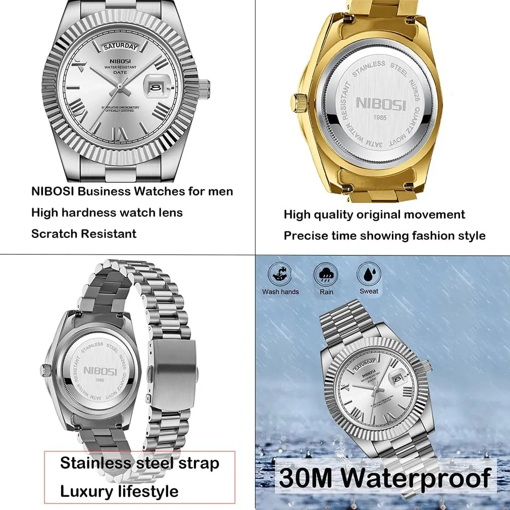NIBOSI Watches for Men Fashion Waterproof Business Stainless Luxury Analog Quartz Simple Dress Classic Day Date Dad Father Gifts Gold Wrist Watch