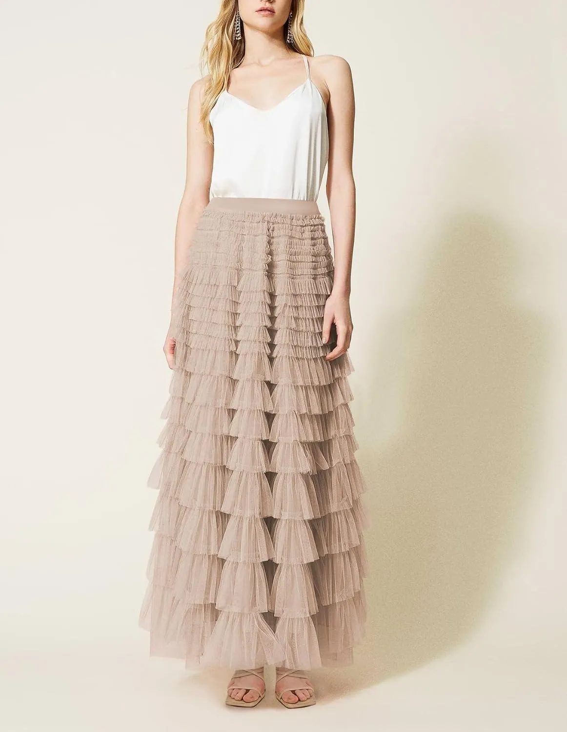 NUFIWI Womens Tiered A Line Skirt Tulle High Waist Layered Mesh Tutu Maxi Skirts Ruffles Long Party Skirt
