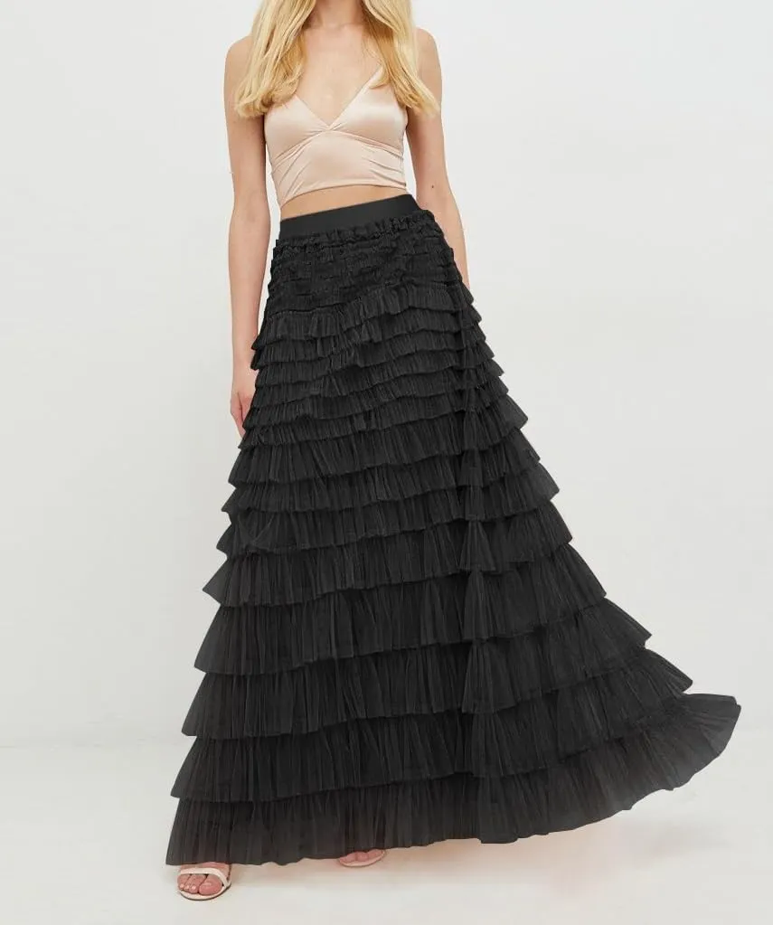 NUFIWI Womens Tiered A Line Skirt Tulle High Waist Layered Mesh Tutu Maxi Skirts Ruffles Long Party Skirt