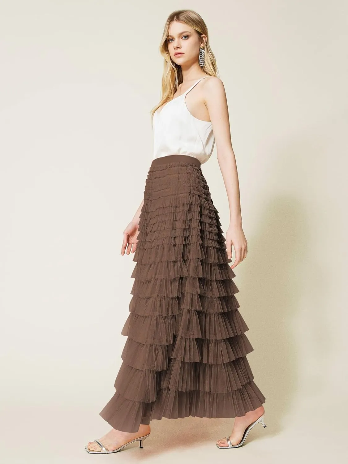 NUFIWI Womens Tiered A Line Skirt Tulle High Waist Layered Mesh Tutu Maxi Skirts Ruffles Long Party Skirt