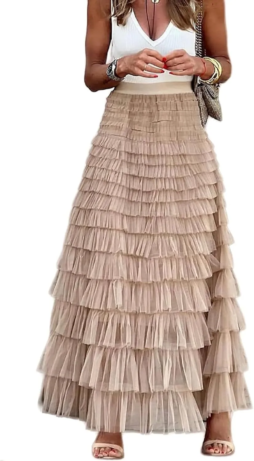 NUFIWI Womens Tiered A Line Skirt Tulle High Waist Layered Mesh Tutu Maxi Skirts Ruffles Long Party Skirt