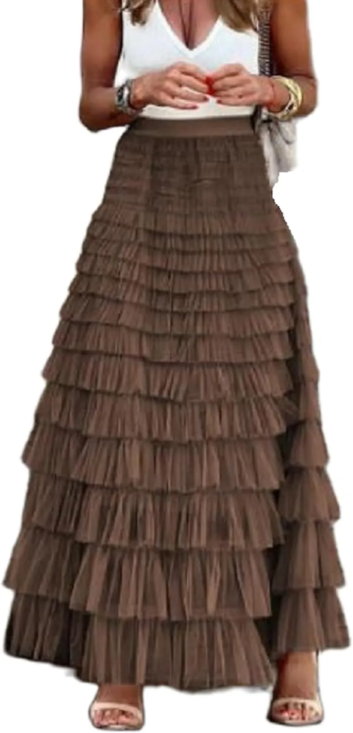 NUFIWI Womens Tiered A Line Skirt Tulle High Waist Layered Mesh Tutu Maxi Skirts Ruffles Long Party Skirt