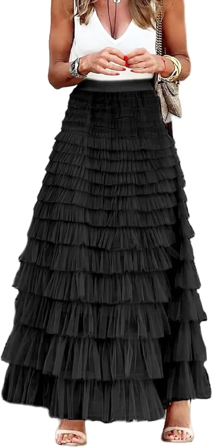 NUFIWI Womens Tiered A Line Skirt Tulle High Waist Layered Mesh Tutu Maxi Skirts Ruffles Long Party Skirt