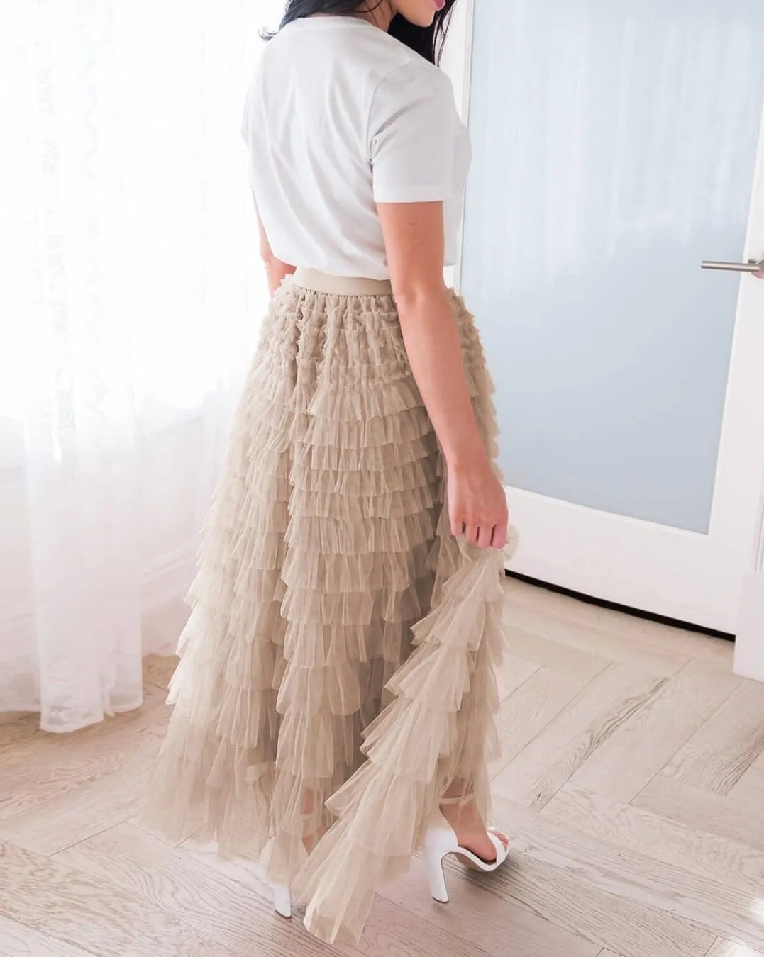 NUFIWI Womens Tiered A Line Skirt Tulle High Waist Layered Mesh Tutu Maxi Skirts Ruffles Long Party Skirt