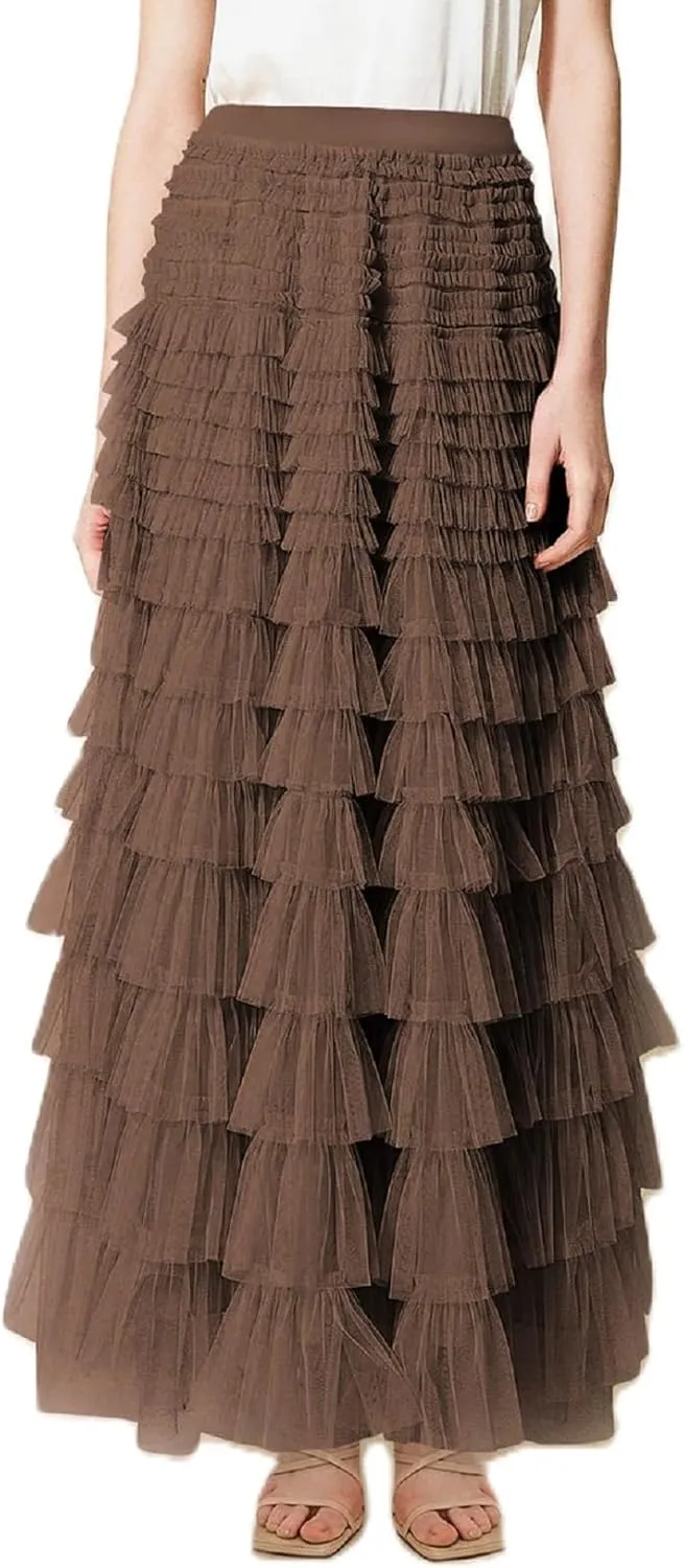 NUFIWI Womens Tiered A Line Skirt Tulle High Waist Layered Mesh Tutu Maxi Skirts Ruffles Long Party Skirt