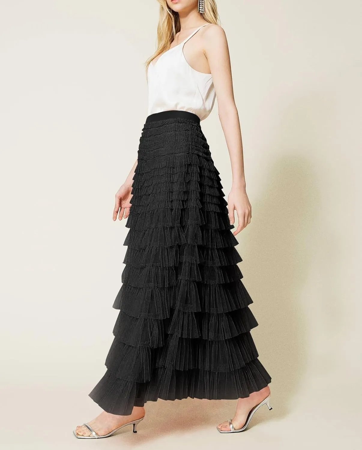 NUFIWI Womens Tiered A Line Skirt Tulle High Waist Layered Mesh Tutu Maxi Skirts Ruffles Long Party Skirt