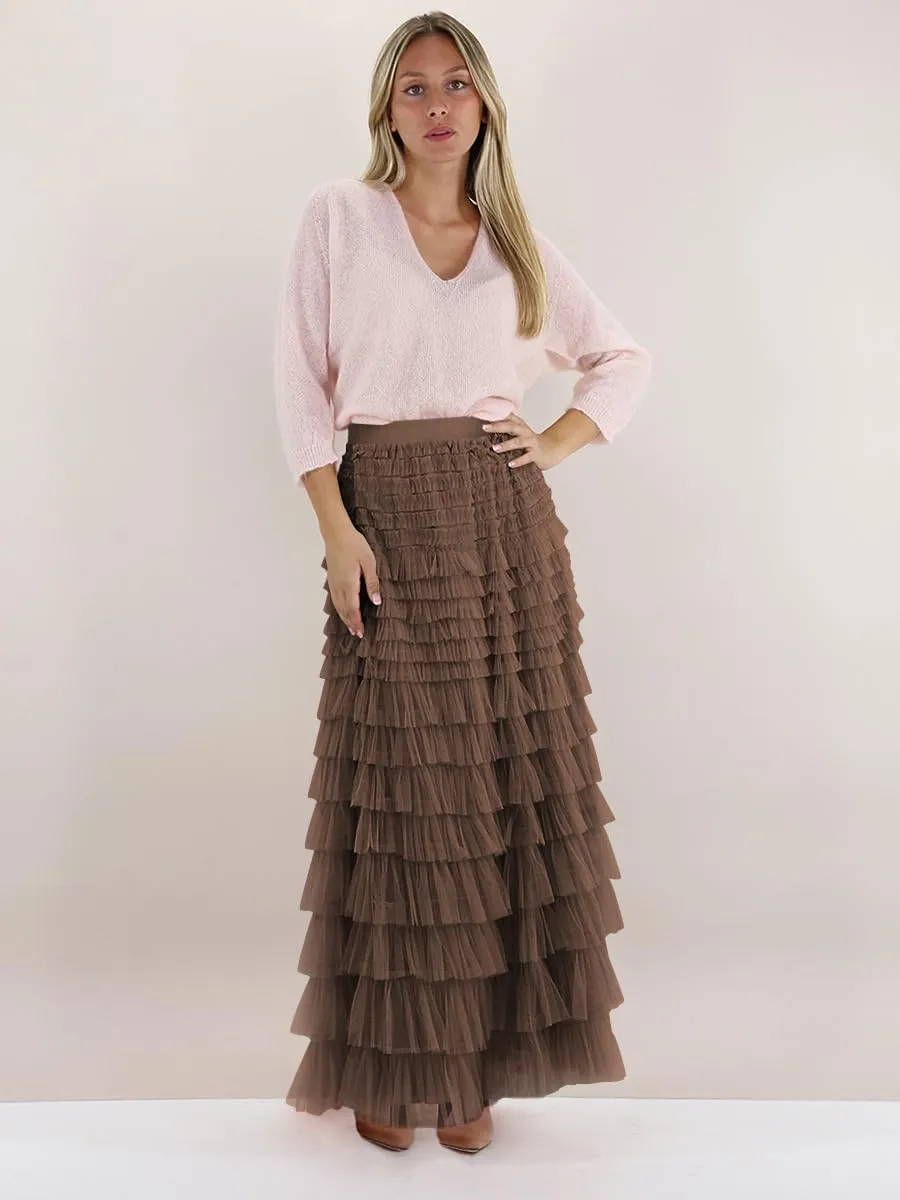 NUFIWI Womens Tiered A Line Skirt Tulle High Waist Layered Mesh Tutu Maxi Skirts Ruffles Long Party Skirt