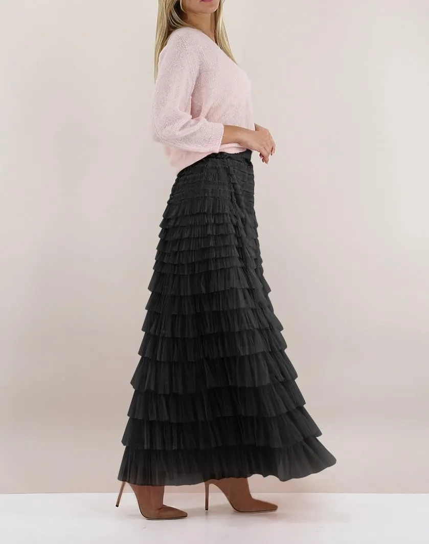 NUFIWI Womens Tiered A Line Skirt Tulle High Waist Layered Mesh Tutu Maxi Skirts Ruffles Long Party Skirt