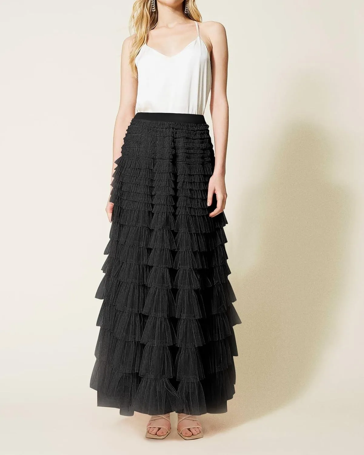 NUFIWI Womens Tiered A Line Skirt Tulle High Waist Layered Mesh Tutu Maxi Skirts Ruffles Long Party Skirt