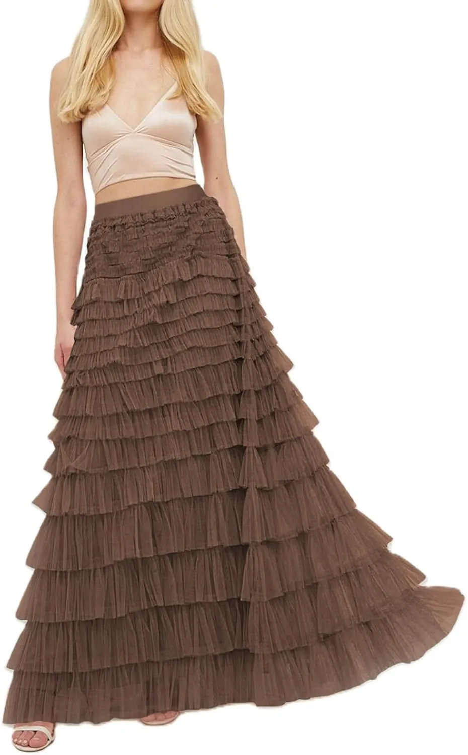 NUFIWI Womens Tiered A Line Skirt Tulle High Waist Layered Mesh Tutu Maxi Skirts Ruffles Long Party Skirt