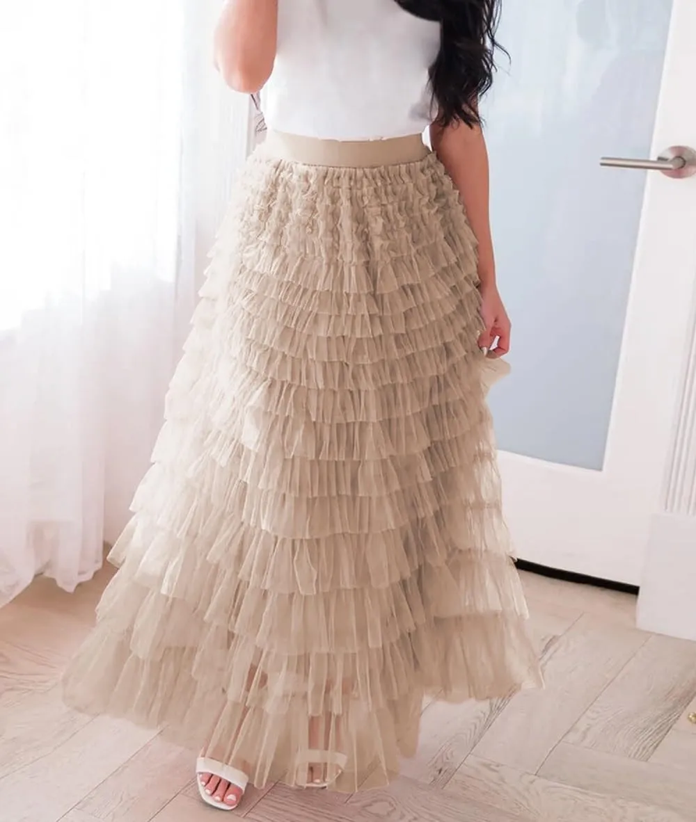 NUFIWI Womens Tiered A Line Skirt Tulle High Waist Layered Mesh Tutu Maxi Skirts Ruffles Long Party Skirt