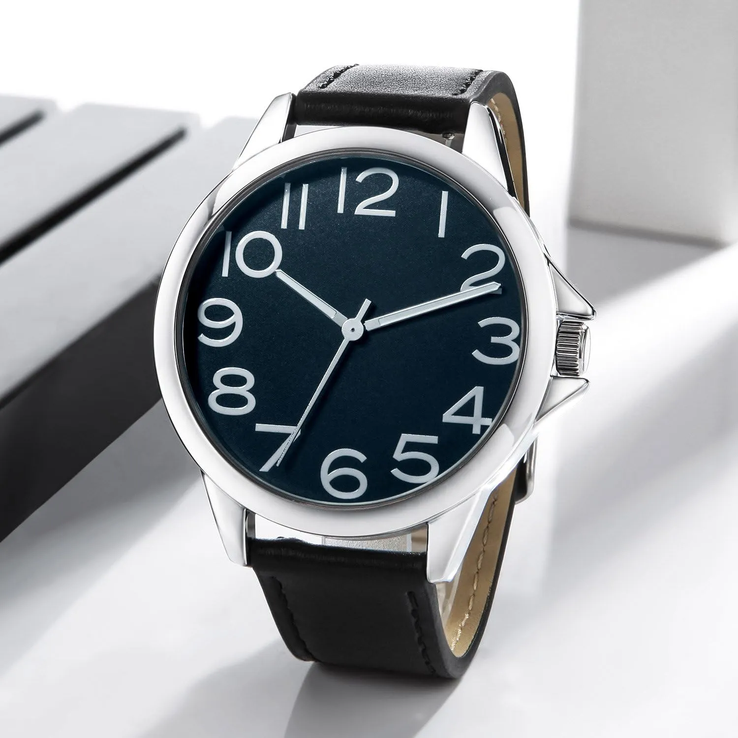 NUOVO Men Quartz Watch with Leather Strap Wrist Watch - Classic Arabic Numbers, White, Dress, Fashion Simple Style