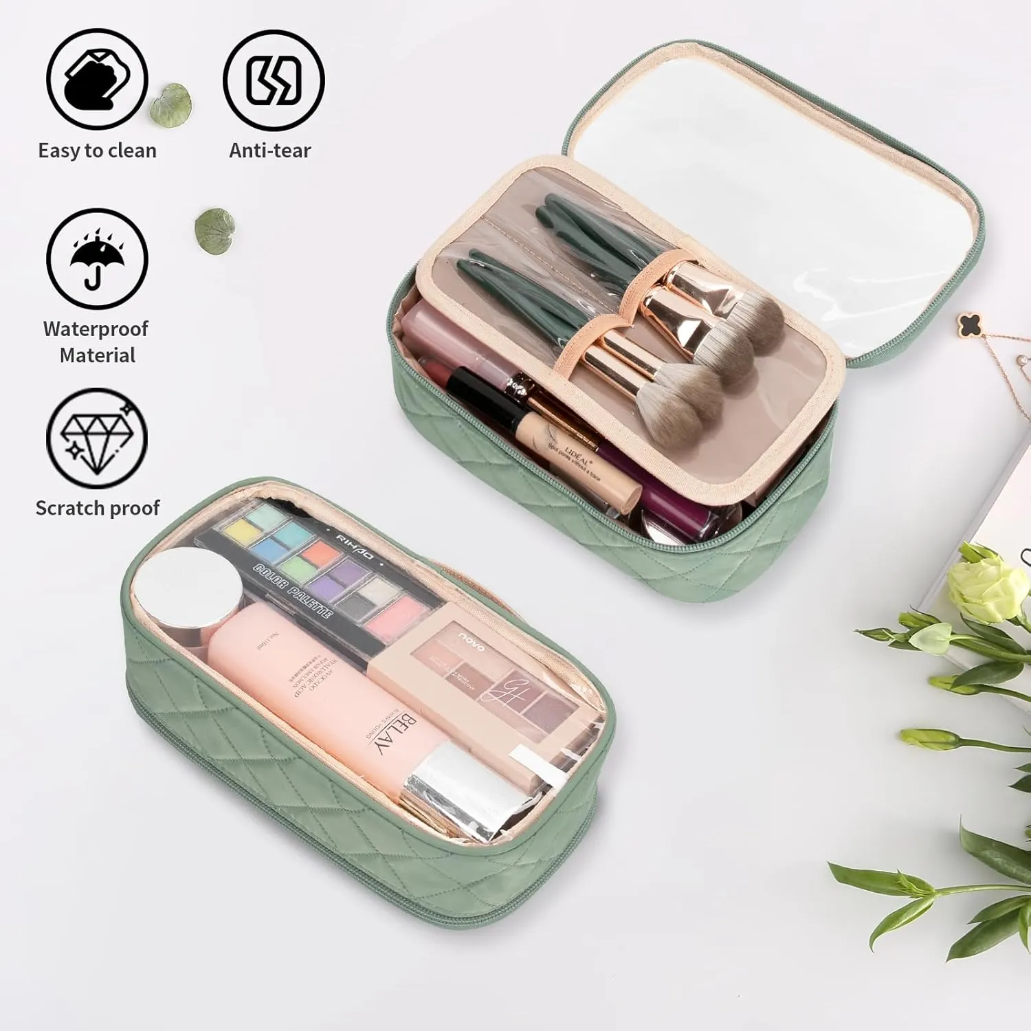 OCHEAL Clear Makeup Bag, Portable Storage Organizer Cosmetic Travel Bag Cute Pouch For Women and Girls Cosmetics Bags with Divider Brush Compartment-Green Rhombic b03_Green Rhombic