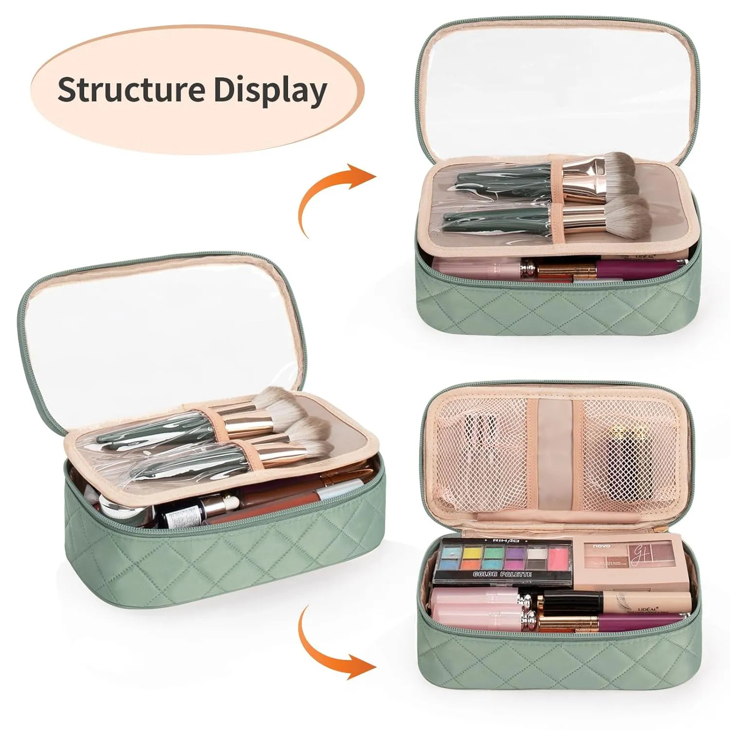 OCHEAL Clear Makeup Bag, Portable Storage Organizer Cosmetic Travel Bag Cute Pouch For Women and Girls Cosmetics Bags with Divider Brush Compartment-Green Rhombic b03_Green Rhombic