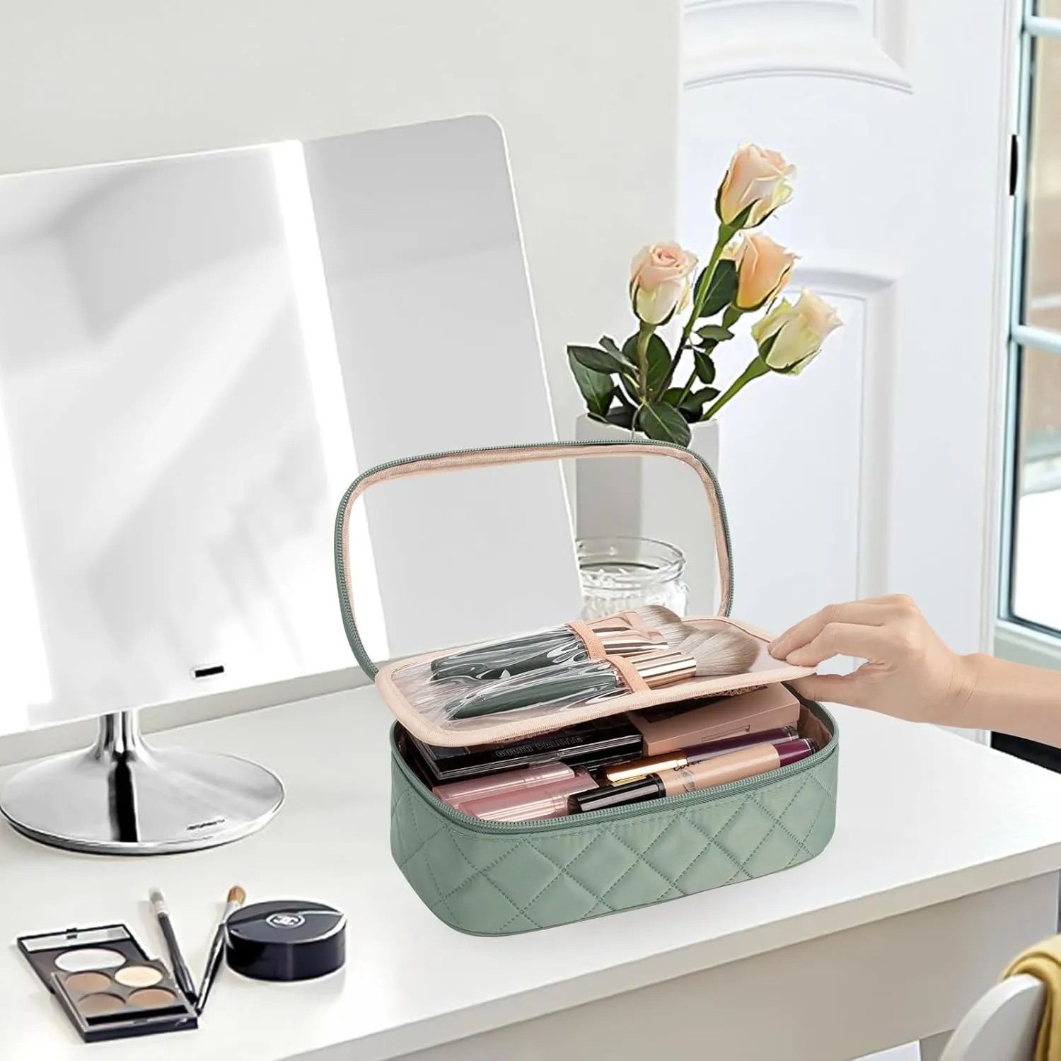 OCHEAL Clear Makeup Bag, Portable Storage Organizer Cosmetic Travel Bag Cute Pouch For Women and Girls Cosmetics Bags with Divider Brush Compartment-Green Rhombic b03_Green Rhombic