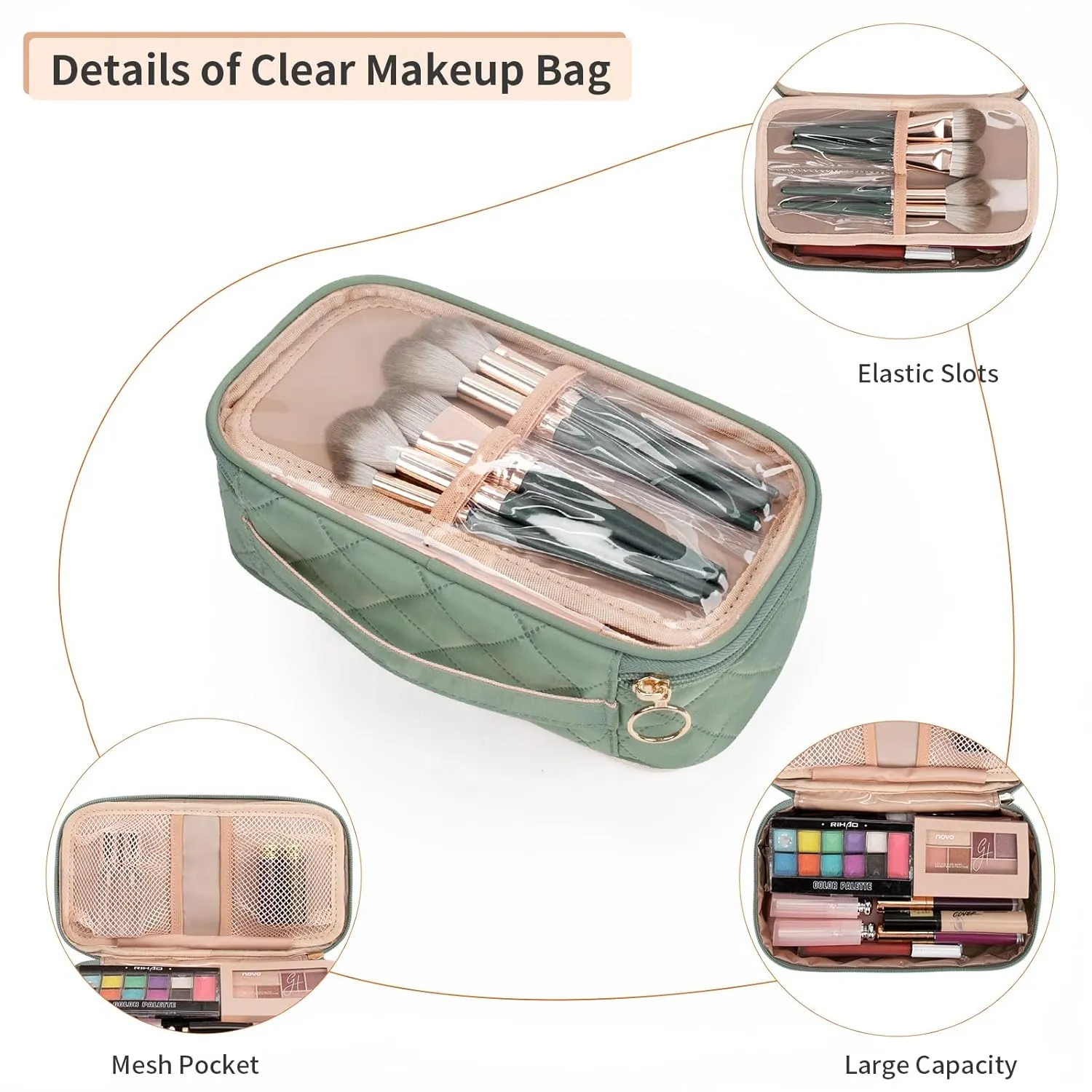 OCHEAL Clear Makeup Bag, Portable Storage Organizer Cosmetic Travel Bag Cute Pouch For Women and Girls Cosmetics Bags with Divider Brush Compartment-Green Rhombic b03_Green Rhombic