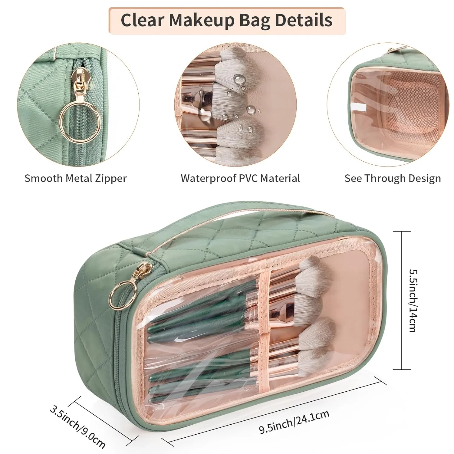 OCHEAL Clear Makeup Bag, Portable Storage Organizer Cosmetic Travel Bag Cute Pouch For Women and Girls Cosmetics Bags with Divider Brush Compartment-Green Rhombic b03_Green Rhombic