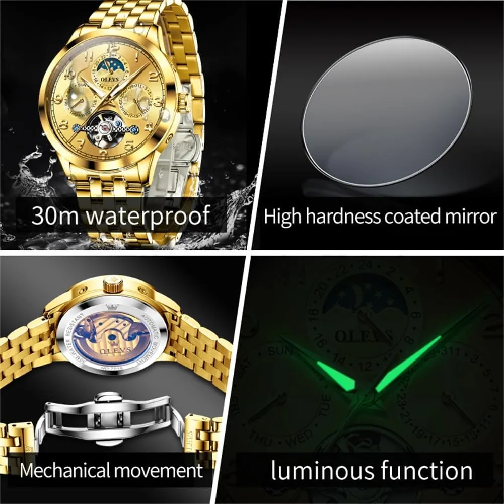 OLEVS Automatic Watch for Men Self Winding Mechanical Luxury Business Stainless Steel Multi Calendar Waterproof Luminous Wrist Watches