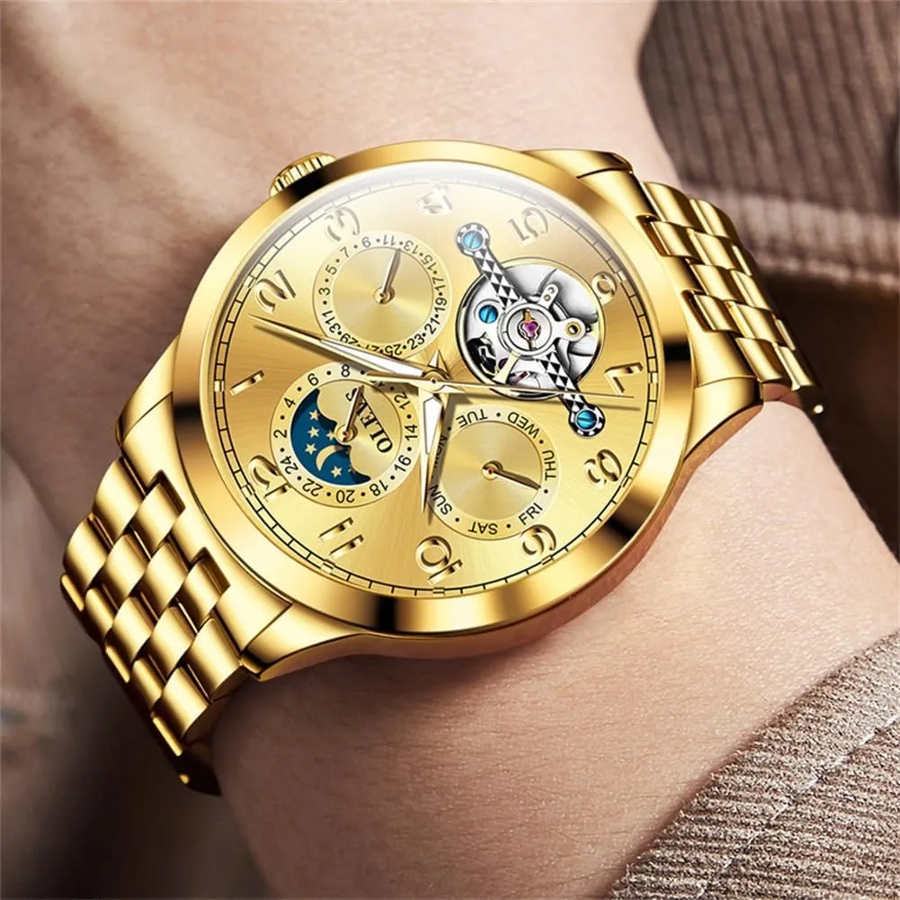 OLEVS Automatic Watch for Men Self Winding Mechanical Luxury Business Stainless Steel Multi Calendar Waterproof Luminous Wrist Watches