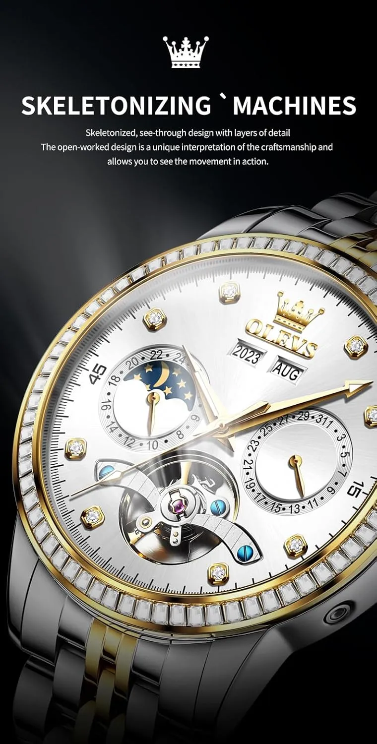 OLEVS Automatic Watches for Men Diamond Luxury Dress Tourbillion Moon Phase Two Tone Stainless Steel Luminous Waterproof Men Wrist Watch