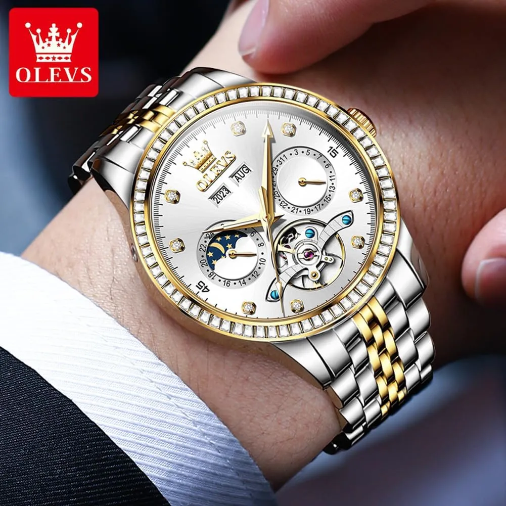 OLEVS Automatic Watches for Men Diamond Luxury Dress Tourbillion Moon Phase Two Tone Stainless Steel Luminous Waterproof Men Wrist Watch