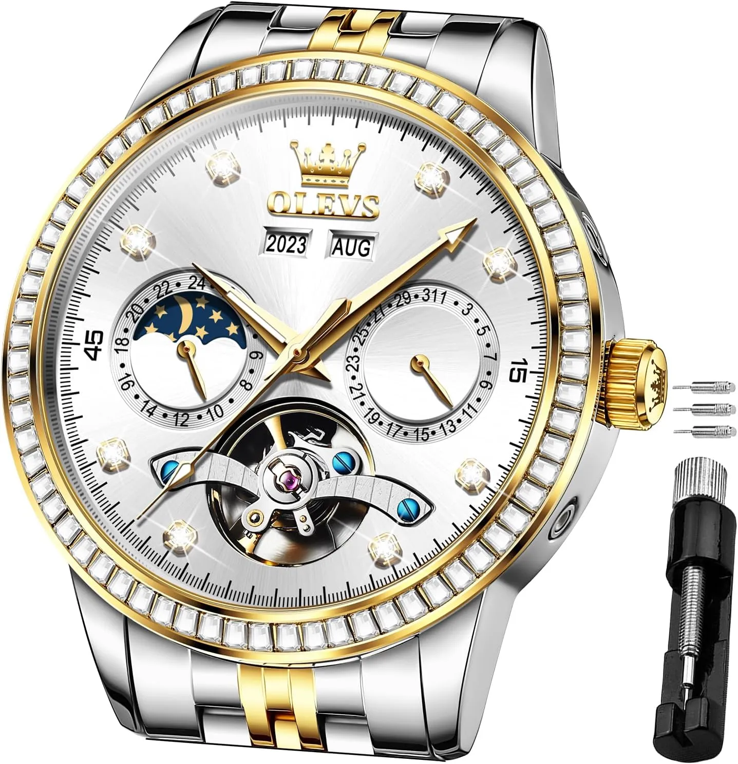 OLEVS Automatic Watches for Men Diamond Luxury Dress Tourbillion Moon Phase Two Tone Stainless Steel Luminous Waterproof Men Wrist Watch