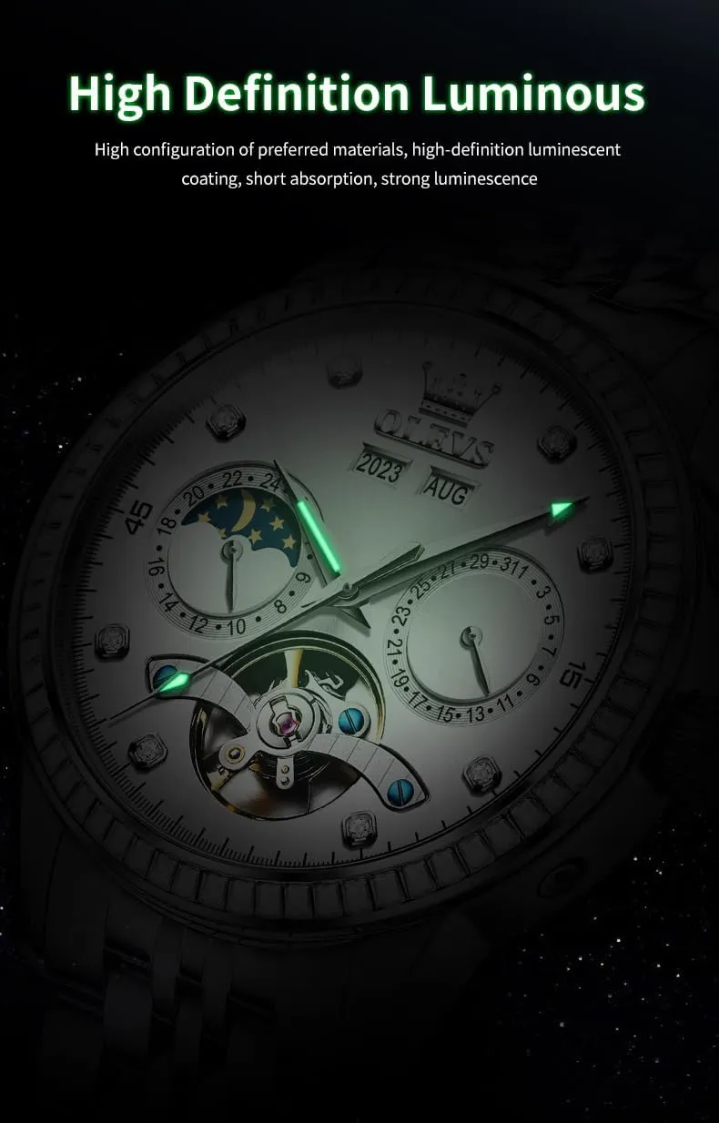 OLEVS Automatic Watches for Men Diamond Luxury Dress Tourbillion Moon Phase Two Tone Stainless Steel Luminous Waterproof Men Wrist Watch