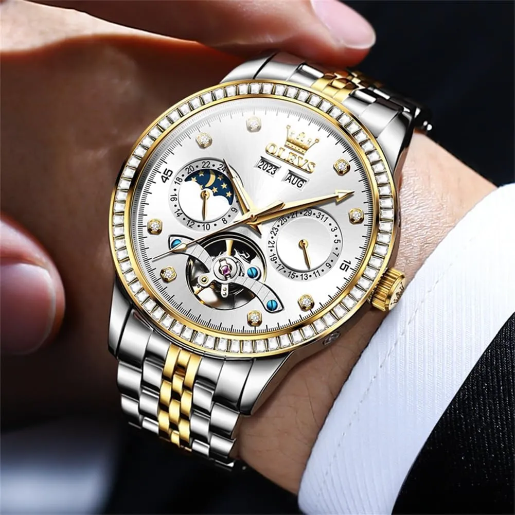OLEVS Automatic Watches for Men Diamond Luxury Dress Tourbillion Moon Phase Two Tone Stainless Steel Luminous Waterproof Men Wrist Watch